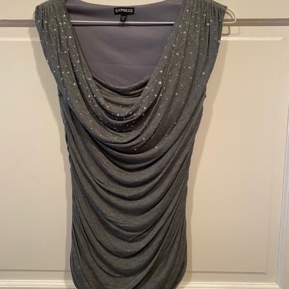 EXPRESS GRAY DRAPE FRONT SCOOP NECK SLEEVELESS TOP WITH SILVER STUDS X SMALL
